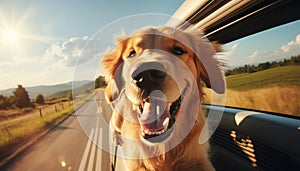 Cute happy dog with head out of car window enjoying high speed ride on motion blurred background