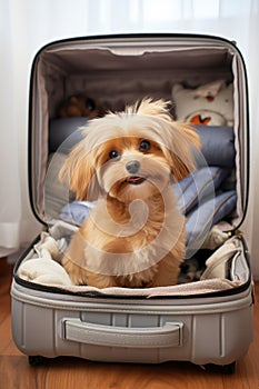 cute happy dog sitting inside an opened large suitcase ai created