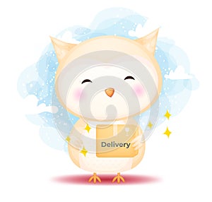 Cute happy doodle owl receive boxes. Delivery concept cartoon character Premium Vector