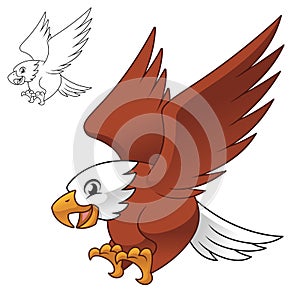 Cute Happy Eagle Falcon Hawk Flying Ready Pounce Prey with Line Art Drawing