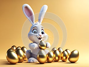 Cute happy Easter bunny with golden eggs