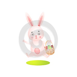 Cute happy easter rabbit with colorful ornamental eggs