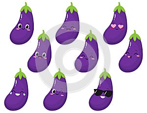 Cute happy eggplant cartoon emoji set