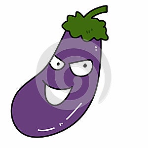 Cute happy eggplant character. Funny cartoon food in flat style. Vegetable emoji illustration