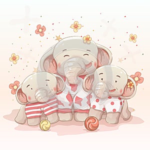 Cute happy elephant family celebrate christmas and new year together.