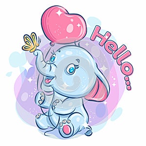 Cute Happy Elephant Hold Balloon and Playing with Butterfly. Colorful Cartoon Illustration