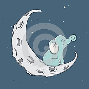 Cute happy elephant sits on the moon