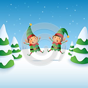 Cute and happy Elves girl and boy celebrate Christmas holidays - vector illustration on winter landscape