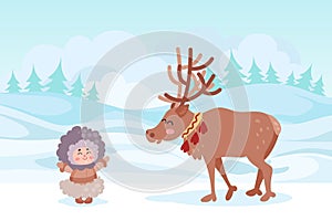 Cute happy eskimo indigenous girl and reindeer on northern landscape cartoon vector