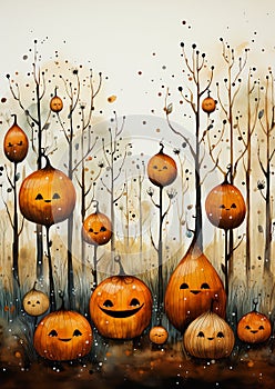 Cute Happy Face Forest Trees Background Pumpkins Creepy Fructose