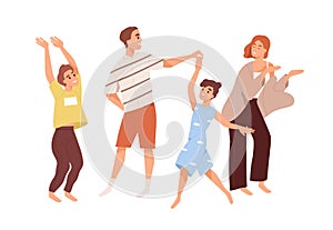 Cute happy family dancing. Joyful children and parents spend time together. Mother and father playing with kids at home