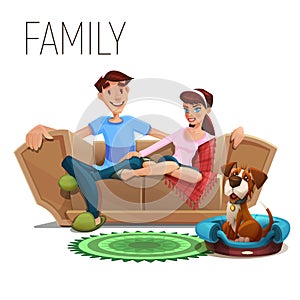 Cute happy family and dog sitting on sofa isolated on white background.