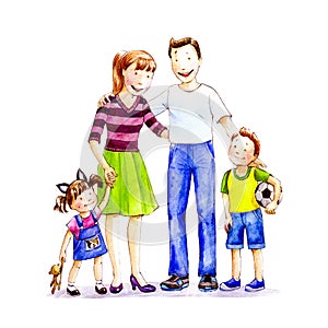 Cute happy family. Watercolor illustration. Ä°solated on white.