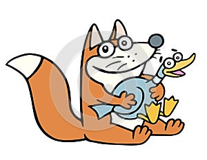 Cute happy fox and a frightened fat duck. Vector illustration.