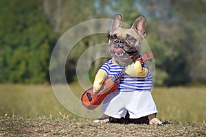 Cute  French Bulldog dog dressed up as musician wearing a funny costume with striped shirt and fake arms holding a guitar