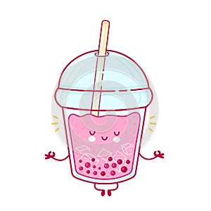 Cute happy funny bubble tea cup meditate