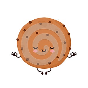 Cute happy funny chocolate cookie meditate