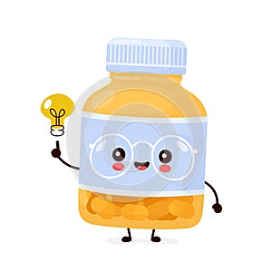 Cute happy funny pill bottle with light bulb