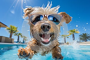 cute happy funny pretty beautiful dogs puppy doggy pet best friend swimming in pool or sea, wear sunglasses, water laps