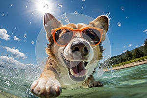 cute happy funny pretty beautiful dogs puppy doggy pet best friend swimming in pool or sea, wear sunglasses, water laps