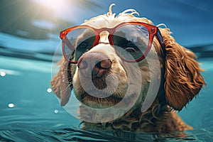 cute happy funny pretty beautiful dogs puppy doggy pet best friend swimming in pool or sea, wear sunglasses, water laps