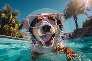 cute happy funny pretty beautiful dogs puppy doggy pet best friend swimming in pool or sea, wear sunglasses, water laps