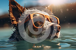 cute happy funny pretty beautiful dogs puppy doggy pet best friend swimming in pool or sea, wear sunglasses, water laps