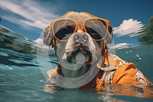 cute happy funny pretty beautiful dogs puppy doggy pet best friend swimming in pool or sea, wear sunglasses, water laps