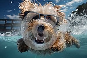 cute happy funny pretty beautiful dogs puppy doggy pet best friend swimming in pool or sea, wear sunglasses, water laps