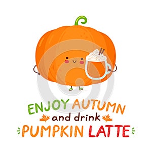 Cute happy funny pumpkin with latte mug