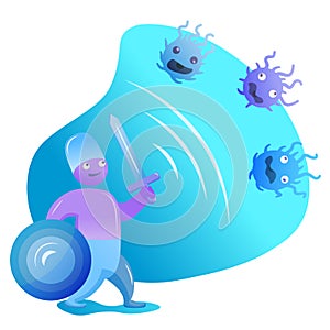 Cute happy funny strong pill guardian with sword and shield fight with bacteria microorganism virus. Vector flat cartoon