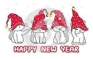 Cute happy funny white four kitten cat in red Christmas hat, cartoon vector hand drawing, Happy new year, merry christmas, for