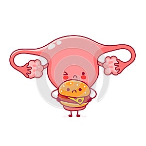 Cute happy funny woman uterus organ with burger