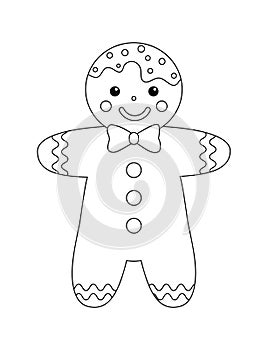 Cute and happy gingerbread man. Black and white Christmas coloring page