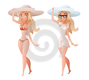 Cute happy girl character walk broad-brim hat summer bikini wear vector illustration