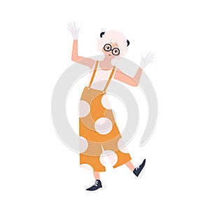 Cute happy girl in overalls entertaining public. Female mime, entertainer or animator isolated on white background