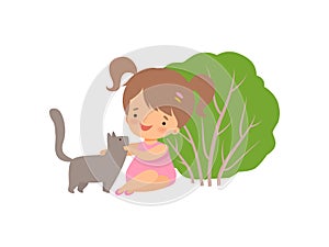 Cute Happy Girl Playing with Cat, Adorable Little Kid Cartoon Character Having Fun Outside with Her Pet Animal Vector