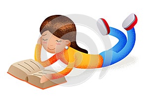 Cute happy girl smiling reading book lying on floor character icon read symbol isolated cartoon design education concept