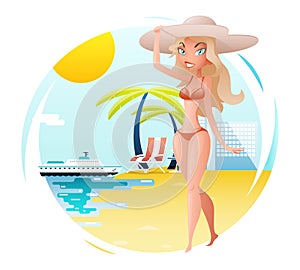 Cute Happy Girl on Sunny Beach Planning Summer Tourism Journey Symbol Travel Hotel Palm Trees Ocean Sea Background