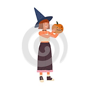 Cute happy girl wearing witch hat hold Halloween pumpkin. Funny portrait of joyful wizard showing jack o lantern. Flat