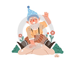 Cute happy gnome smiling, having fun, joy. Funny fairy dwarf laughing, waving with hand. Excited joyful elf, bearded man