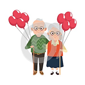 Cute happy grandparents couple with balloons helium characters