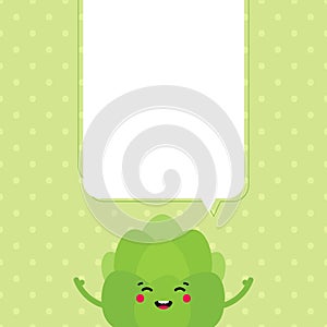 Cute happy green artichoke character with blank, empty speech bubble for message, information design