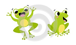 Cute happy green baby frog with funny face expression set cartoon vector illustration