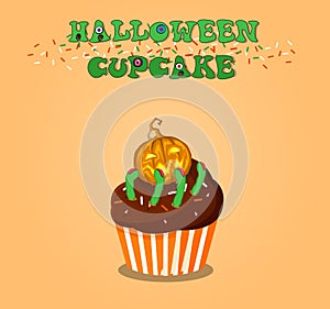 Cute happy halloween chocolate cupcake with pumpkin jack