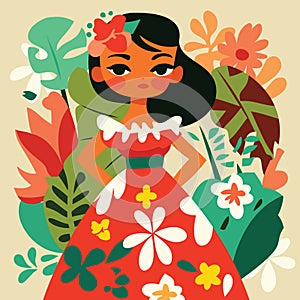 cute happy hawaiian girl with floral background