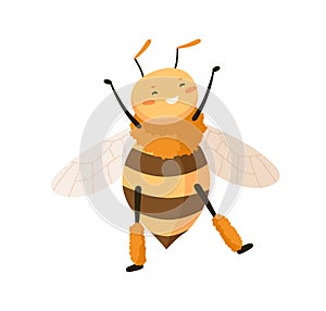 Cute happy honey bee dancing with paws up. Funny adorable smiling honeybee. Cheerful bumblebee or wasp with delighted