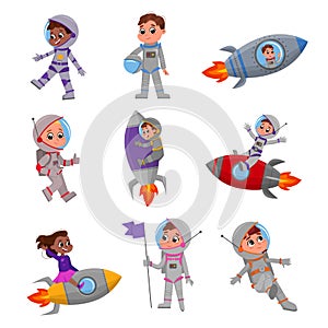 Cute Happy Kid Astronauts in Outer Space Suits Set, Little Boys and Girls Playing Astronauts Cartoon Style Vector