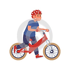 Cute happy kid boy in safety helmet with run bike a vector isolated illustration