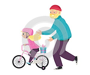 Cute happy kid girl in pink safety helmet riding a bicycle a vector illustration